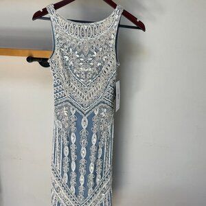 Theia - Embellished Beaded Sleeveless Mesh Column Dress, Blue